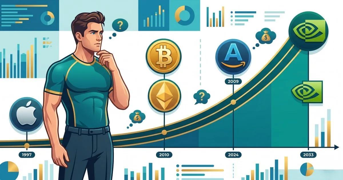Linha do tempo de oportunidades perdidas comparando Apple, Bitcoin, Amazon, Nvidia e grandes momentos de investimento
