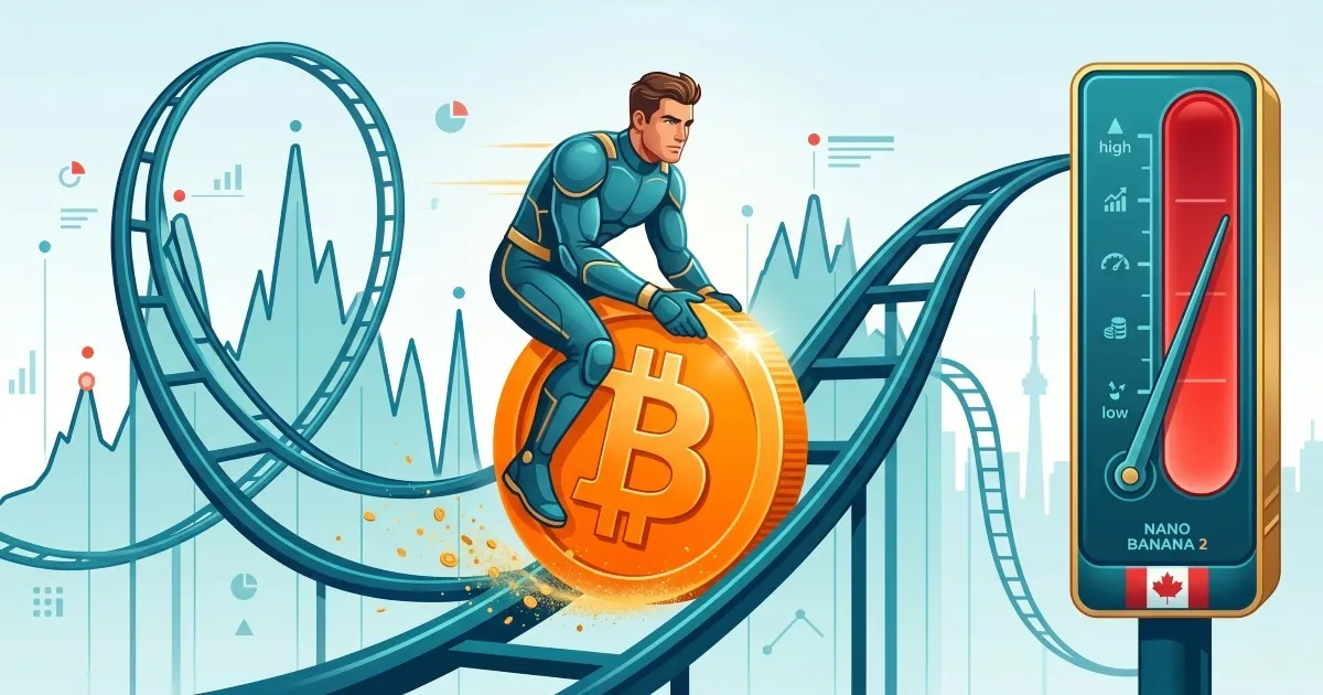 Montanha-russa dos ciclos de alta e baixa do Bitcoin com medidor de tamanho de posição e risco cripto