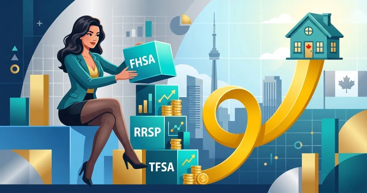Estratégia canadense para primeira casa mostrando FHSA, RRSP Home Buyers Plan, TFSA e planejamento da entrada