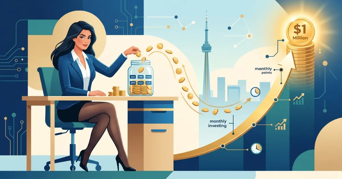 Woman adding monthly investment coins toward a $1 million goal with Toronto skyline and compound growth chart