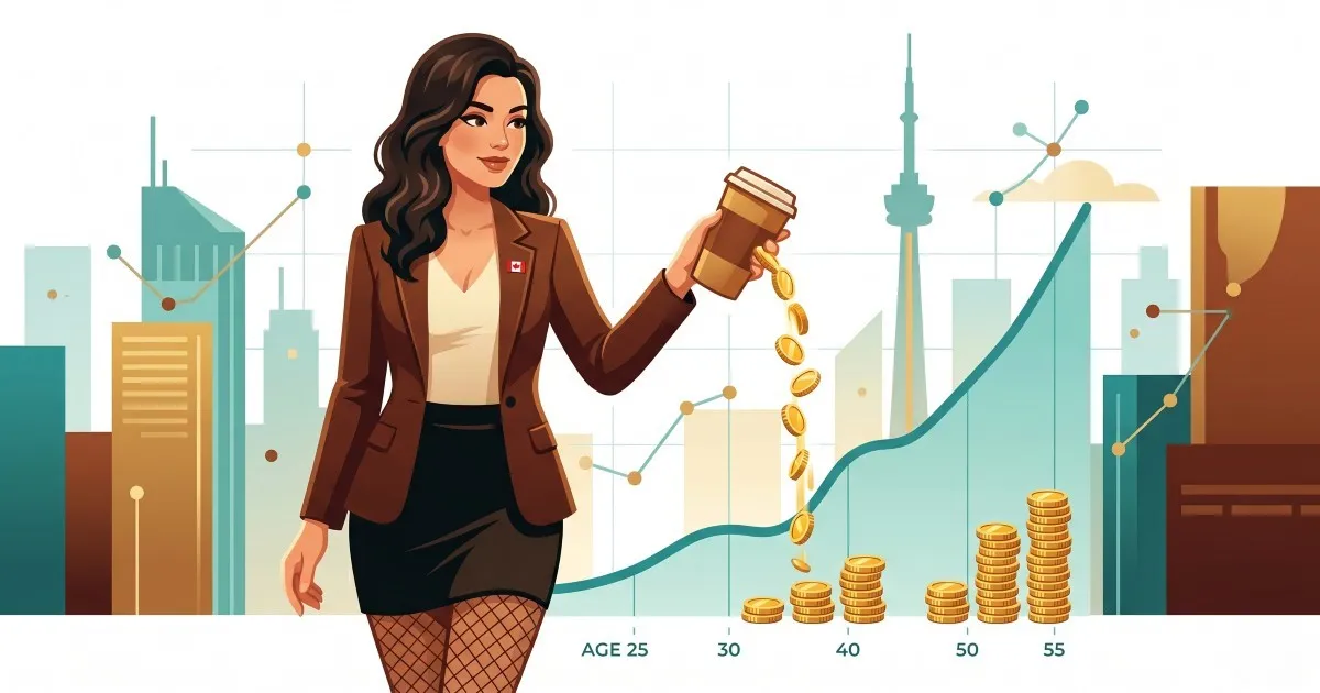 Gasto com café virando moedas e gráfico de investimento de 30 anos mostrando o efeito latte