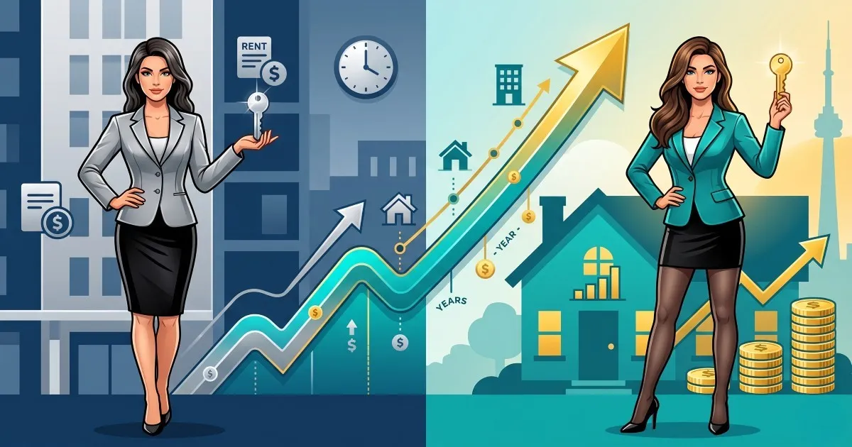 Decisão entre alugar ou comprar com chaves de apartamento, casa e gráfico de crescimento do investimento