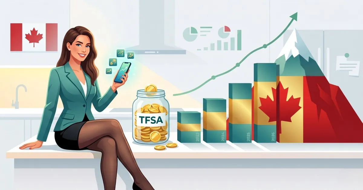 Canadian TFSA contribution timeline from 2009 to 2026 showing maxed annual deposits and compounding growth